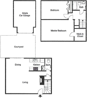 B4 Two Bedroom / One and Half Bath / Courtyard / Garage - 1,012 Sq. Ft.*