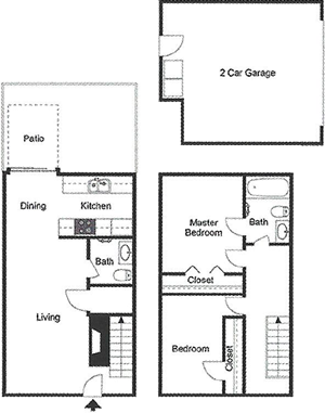 B6 - Two Bedroom / One and Half Bath / Garage / Patio - 1,012 Sq. Ft.*